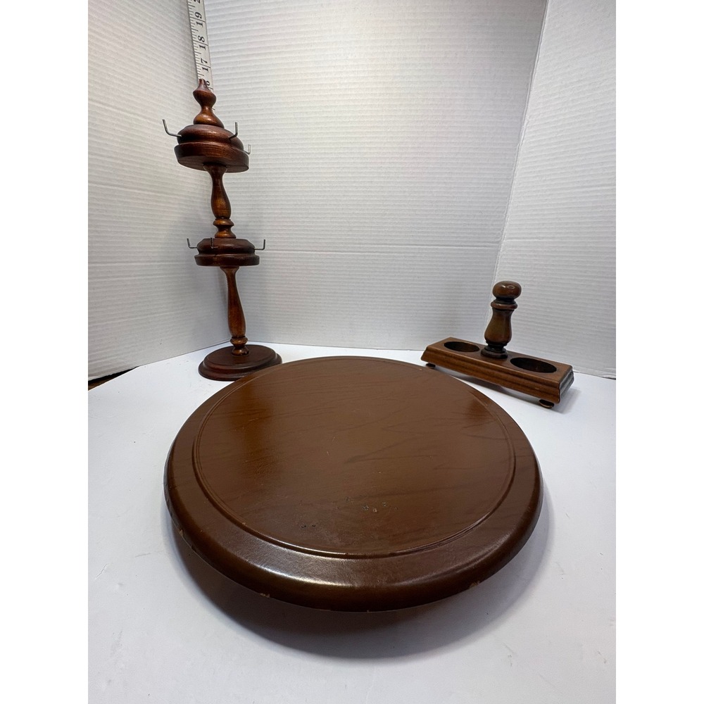 Wooden Lazy Susan Rotating Tabletop Server Tray Dark Brown Vintage